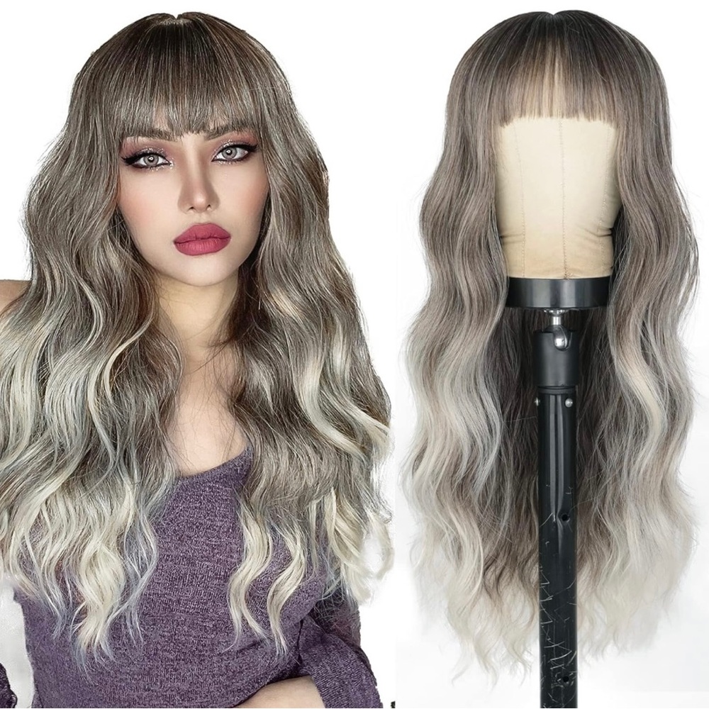Human hair blend ombre ash brown to blonde layered wig with bang